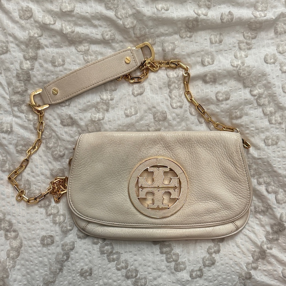Tory Burch Cream Leather Clutch with Gold Chain
